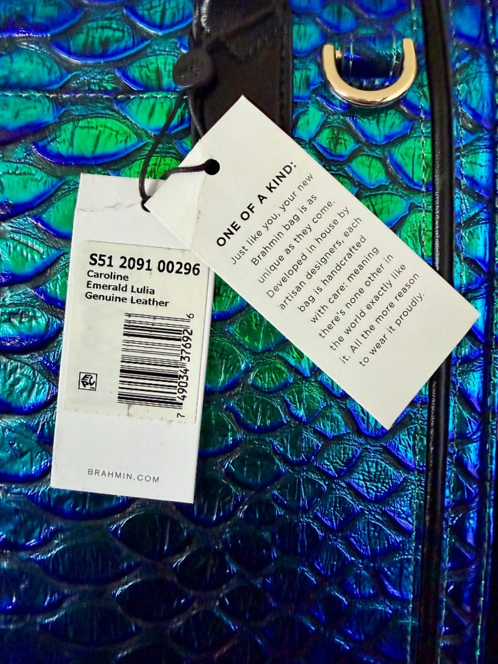 ๐๐ NWT Brahmin Emerald Lulia Caroline Metallic Blue Green Snake Print Bag ๐๐ - Picture 13 of 16